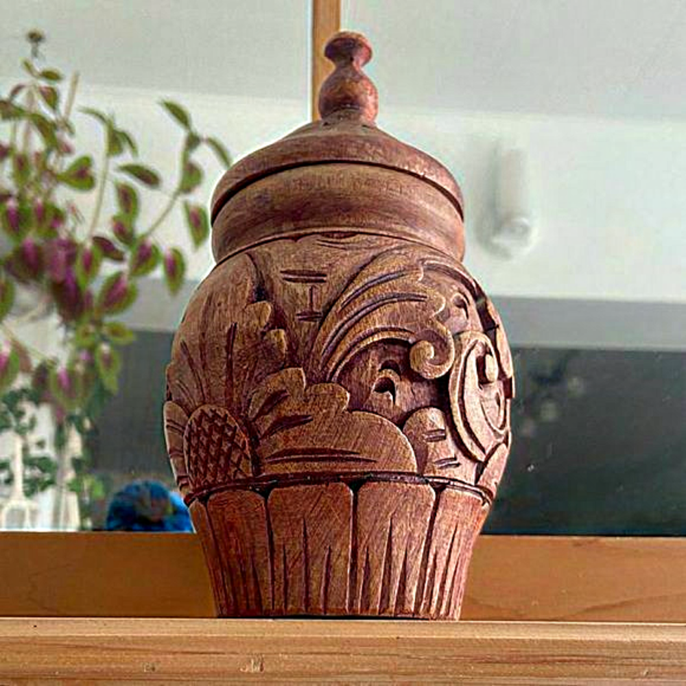 3/55$ Vintage hand carved floral wood Jar vessel with lid
